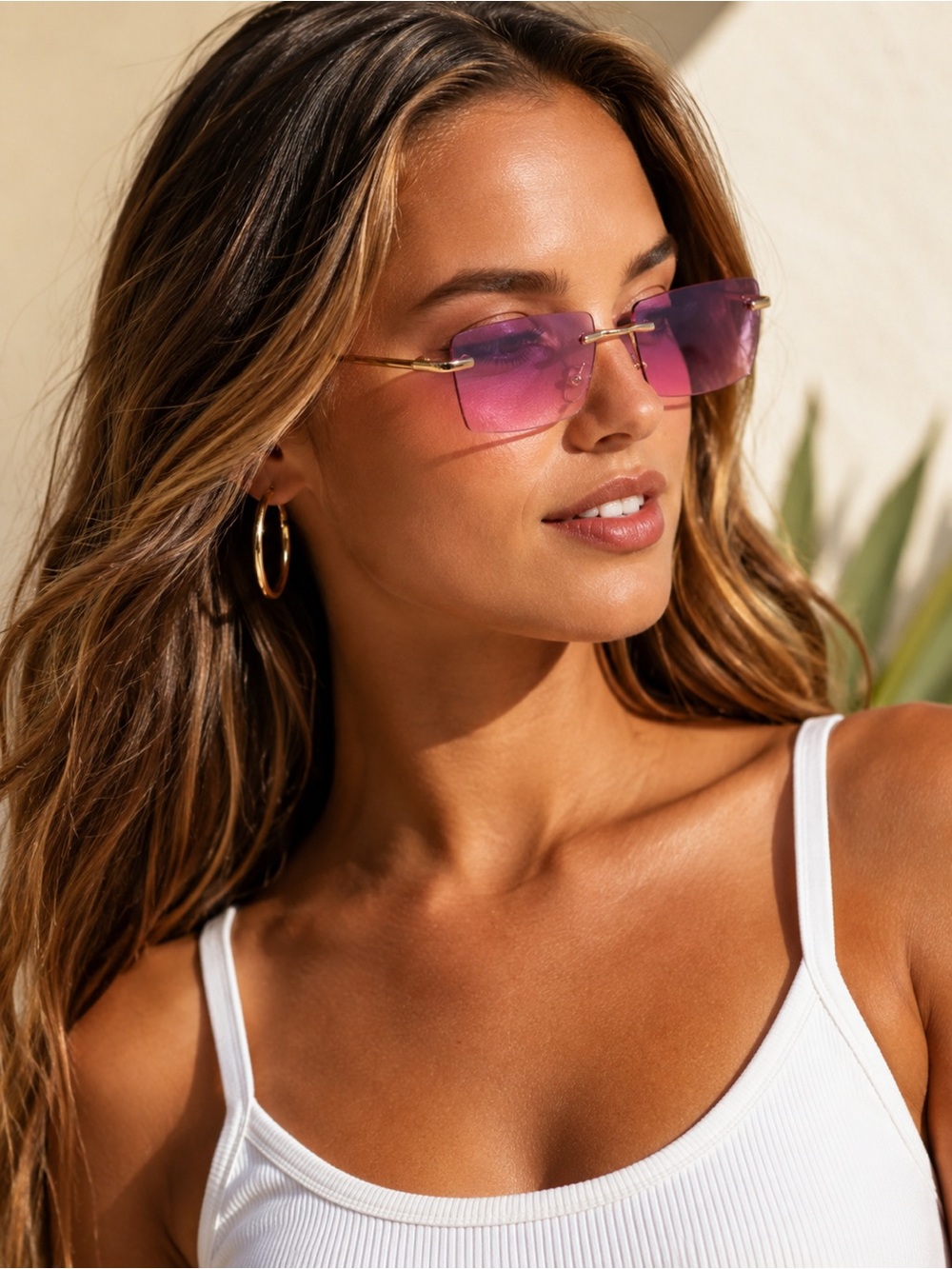 Pink & Purple Ombré Rectangular Sunglasses with Gold Tone Frame